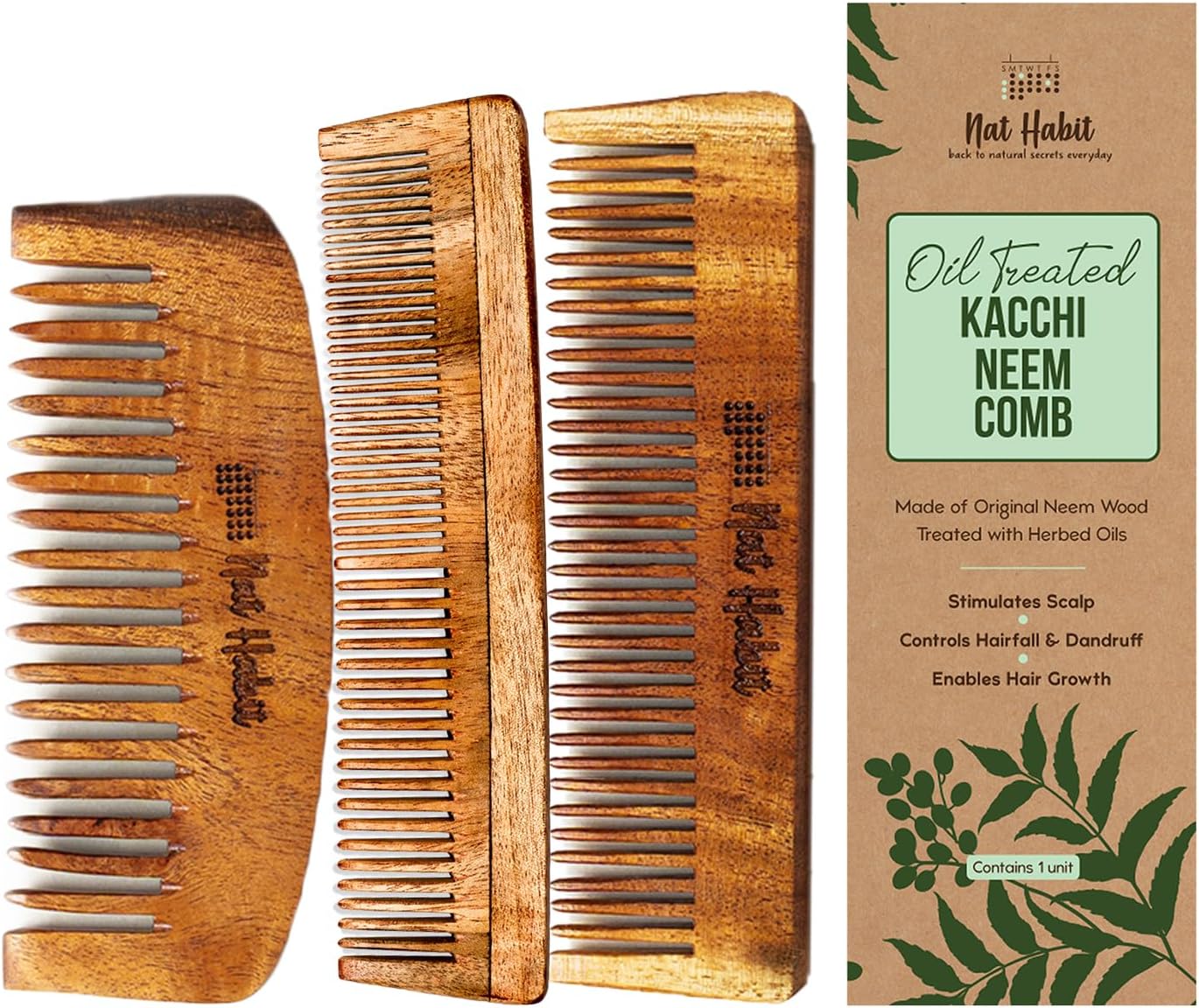 Nat Habit Kacchi Neem Wooden Comb - Soaked In 17 Herbs, Neem & Sesame Oil - Pocket-Sized For Voluminous Hair, Men & Kids Short Hair, Combo (Bouse Comb, Pocket Fine & Dual Tooth)