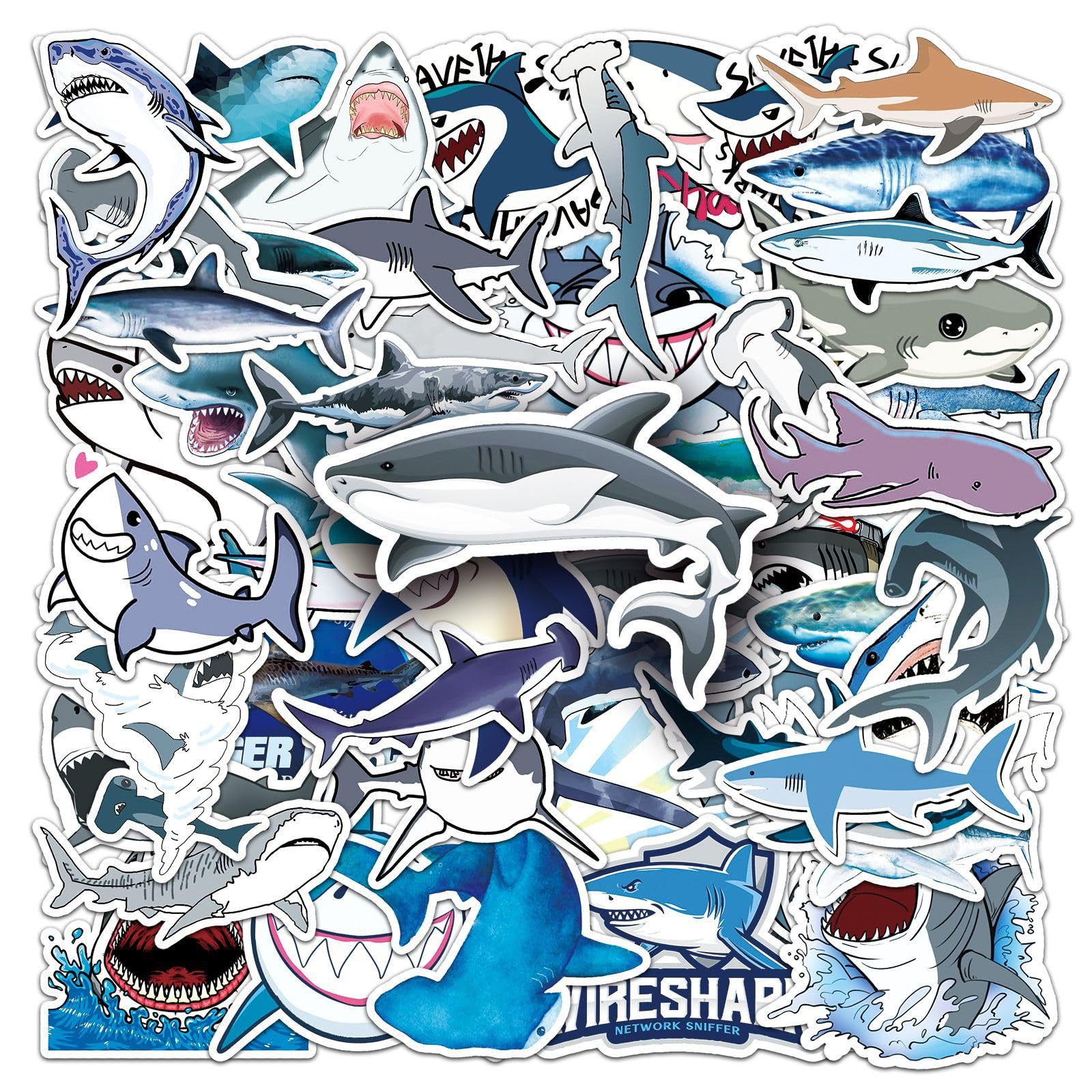 50Pcs Shark Stickers Waterproof Vinyl for Laptop Water Bottle Crafts