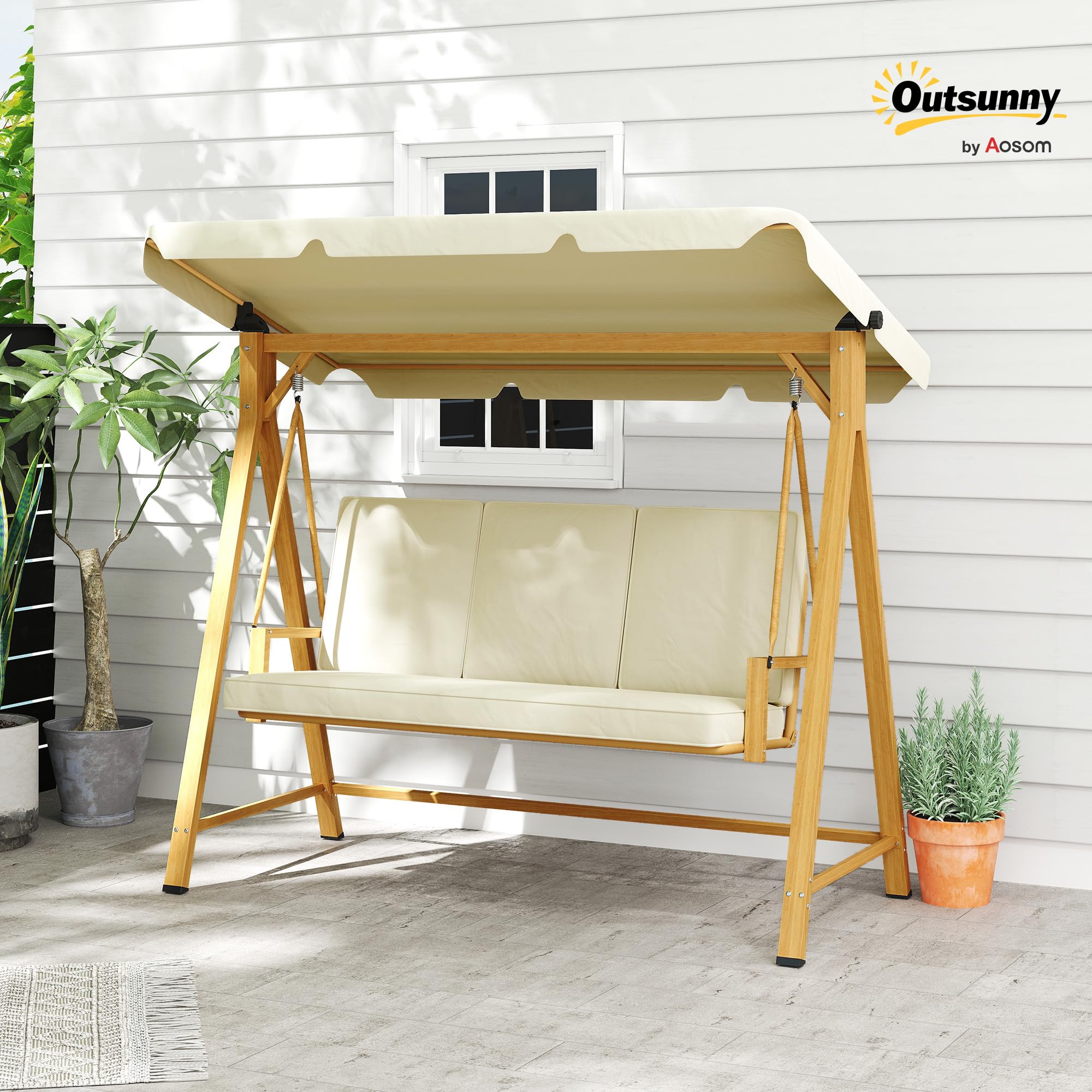 Outsunny Balancín de Jardín Exterior con Toldo Ajustable de 3 Plazas Columpio de Jardín Exterior con Cojines y Estructura con Veta de Madera Carga 330 kg 195x120x170 cm Beige