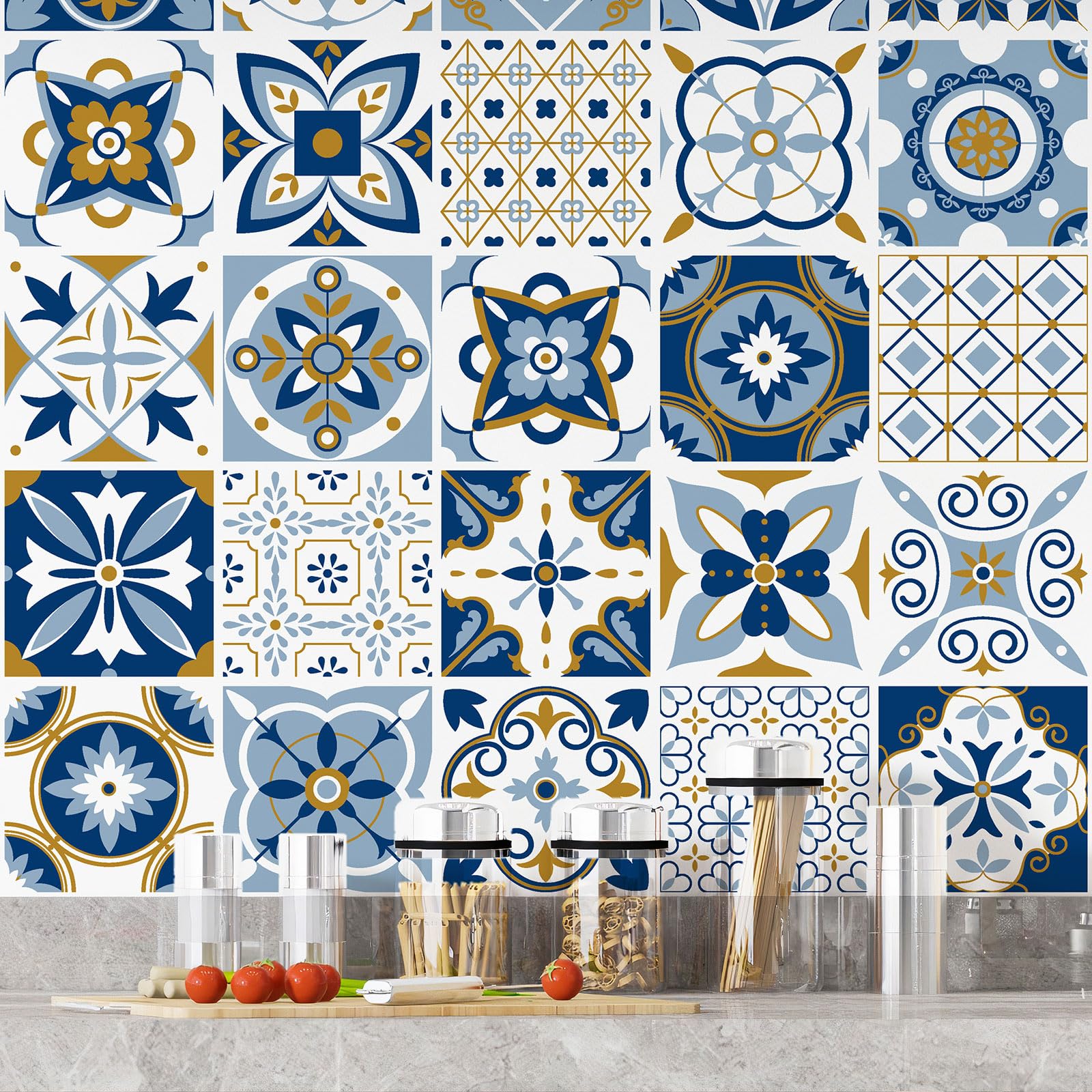 Lumalea Adesivo per cucina, effetto piastrelle di cemento, 3617681703617, adesivo + protezione lucida, 90 x 90 cm