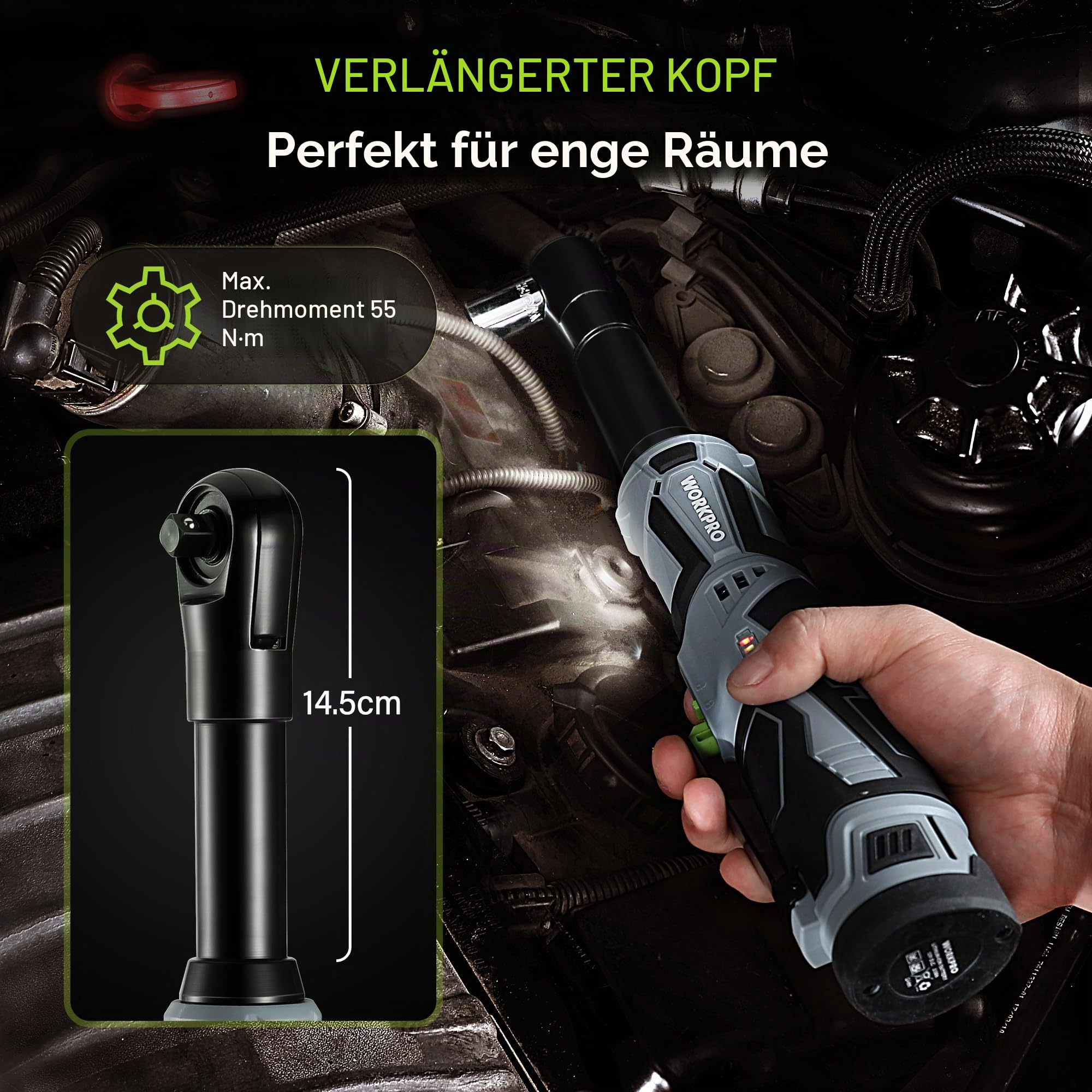 WORKPRO Akku Ratschenschlüssel 55 Nm Elektrische Ratschenschlüssel Set 12V Akku Ratsche 3/8" Kabellose Ratsche mit 2 x 2,0 Ah Akku, LED-Licht, inkl. 10 Stecknüsse, Aufbewahrungstasche, Ladegerät
