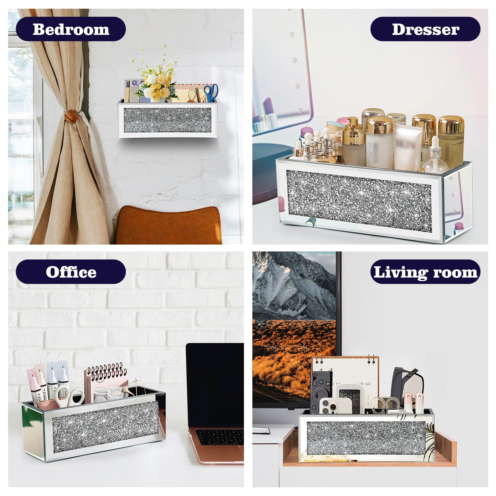 Crystal Crush Diamond Mail Organizer Arbeitsplatte, verspiegelte Wandhalterung, Briefhalter, Silberne Postablage, Schreibtisch Postkorb
