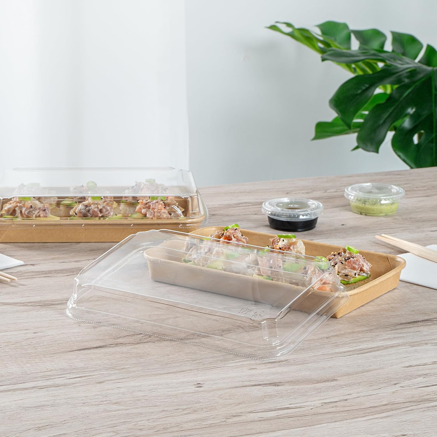 Restaurantware-LIDS ONLY: Matsuri Vision 8.8 x 5.5 x 1.2 Inch Lids For Sushi Containers, 100 Airtight Lids - Containers Sold Separately, No-Fog Design, Clear Plastic Dome Lids, For Sushi Boxes