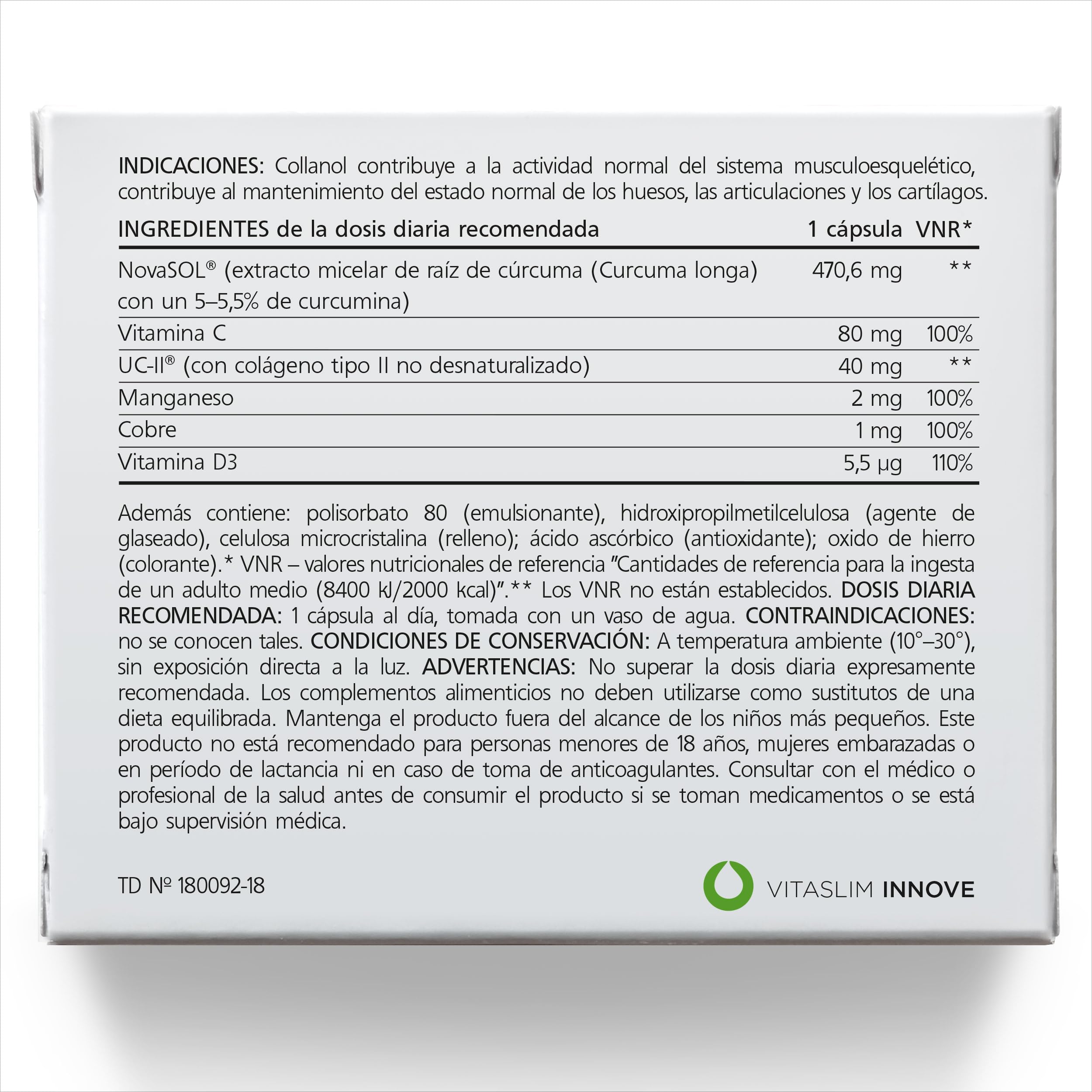 Collanol - una innovación en el cuidado de las articulaciones sanas. Fórmula líquida en cápsula doble. Colágeno 3D + curcumina micelar. 1 cápsula/día. Probado en laboratorio (60 dosis)