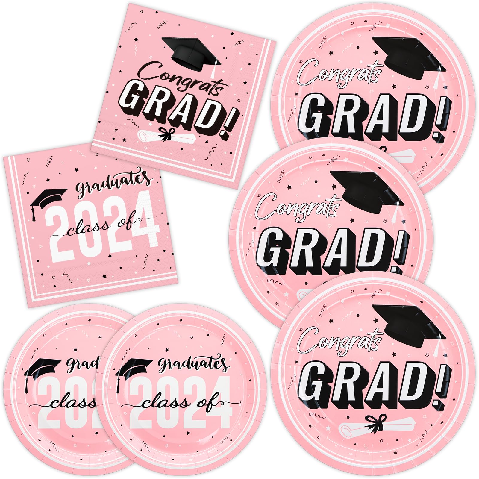 DYLIVeS Graduation Party Plates and Napkins Set, Pink Class of 2024 Plates Congrats Grad Paper Dinner Plates Dessert Plates and Luncheon Napkins Disposable, Graduation Party Supplies, Serves 50