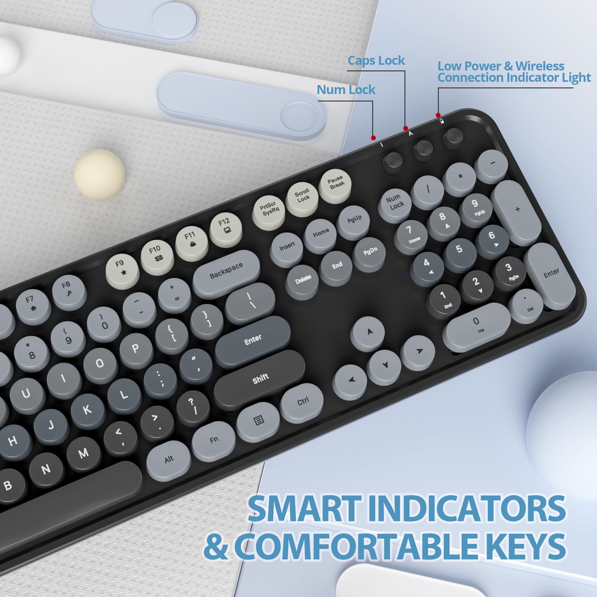Clavier Souris sans Fil, Clavier Touche Ronde Retro Machine à écrire, Cute Clavier Ordinateur 2.4G, Américain QWERTY, Claviers Ergonomique sans Fil à 104 Touches (Gradient Dark)