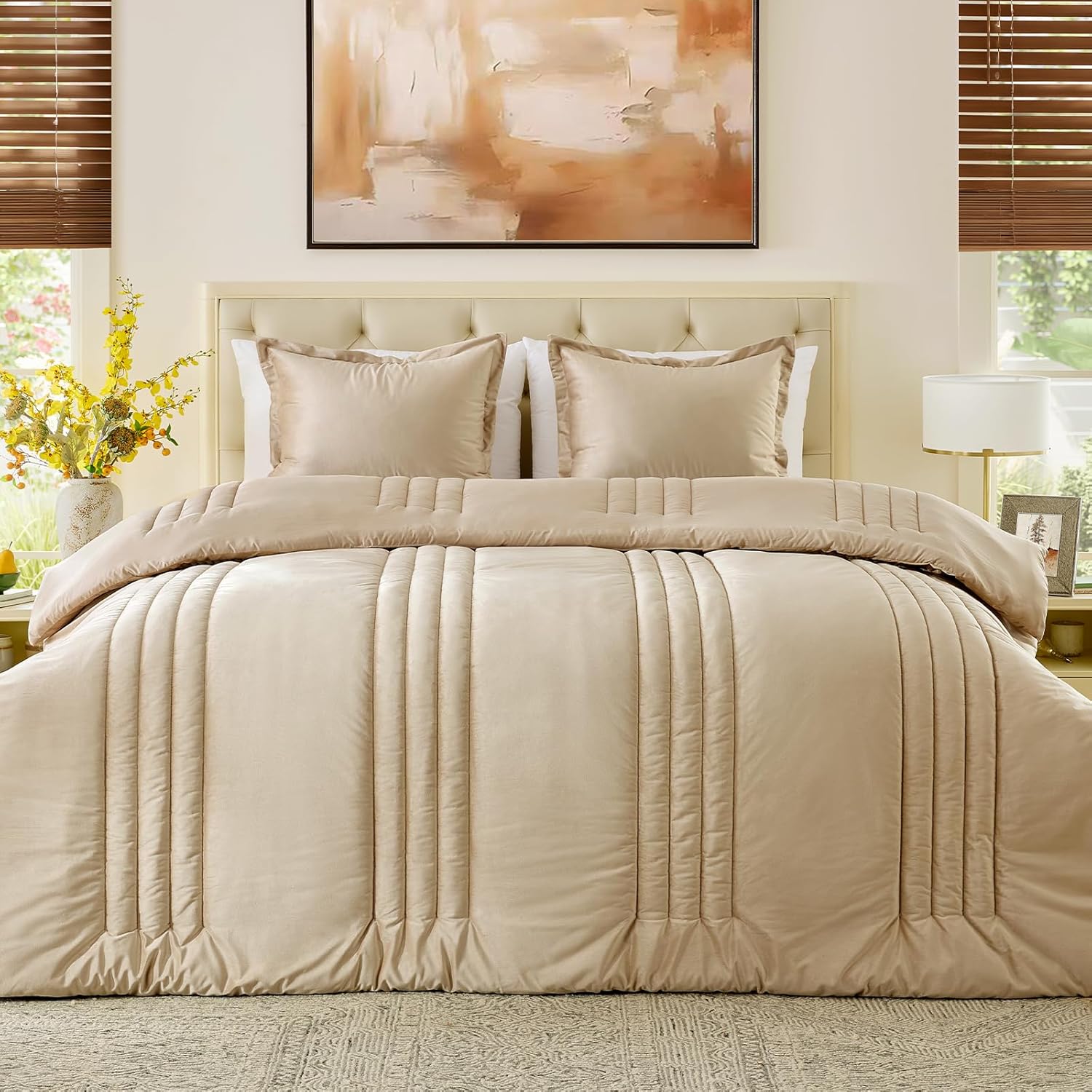 MUSSEL Bedding Comforter Set Queen Size 3 Pieces-Neutral Beige Champagne Striped Lightweight Bedroom Comforter Queen Size,Soft Velvet Bed Set for All Seasons with 2 Shams - Image 2