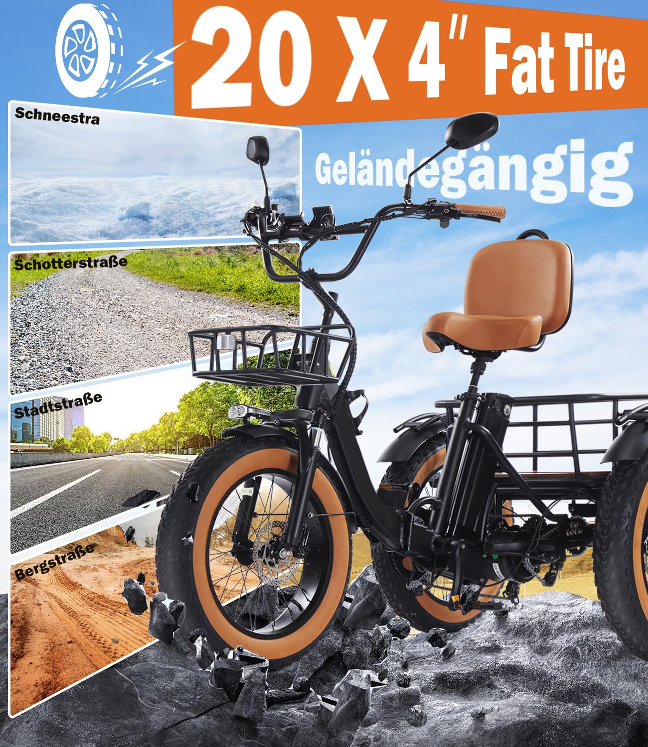 Elektro-Dreirad für Erwachsene, faltbares E-Trike mit 48V 15,6Ah Akku,zu 70-90 km Reichweite, 20×4 Zoll Fat Tires, 7-Gang-Schaltung, Differenzial, Aluminiumrahmen, bis 150 kg