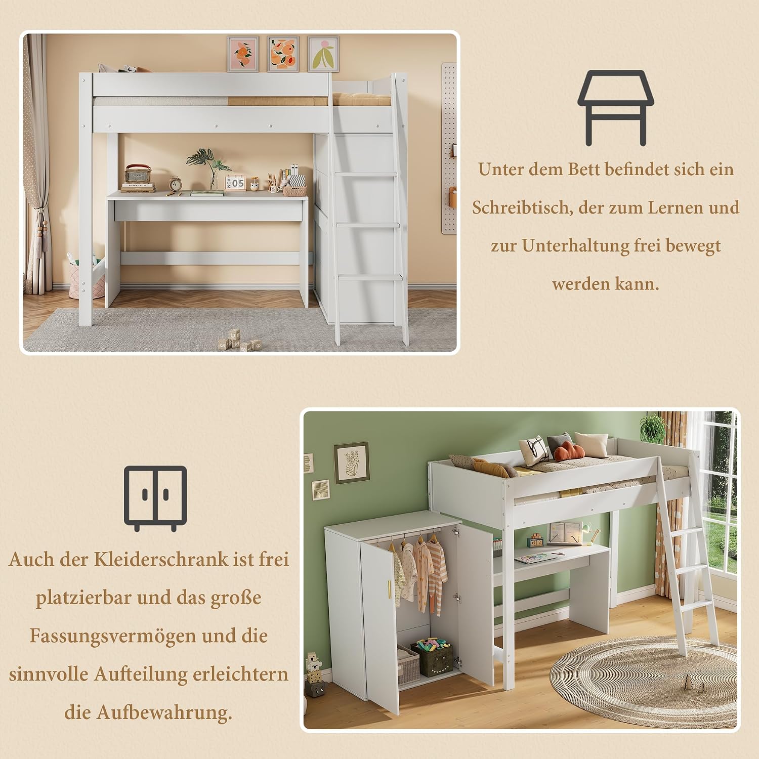 Interior view of the movable wardrobe component of the ModernLuxe Children's Loft Bed, showing storage space and a hanging rod.