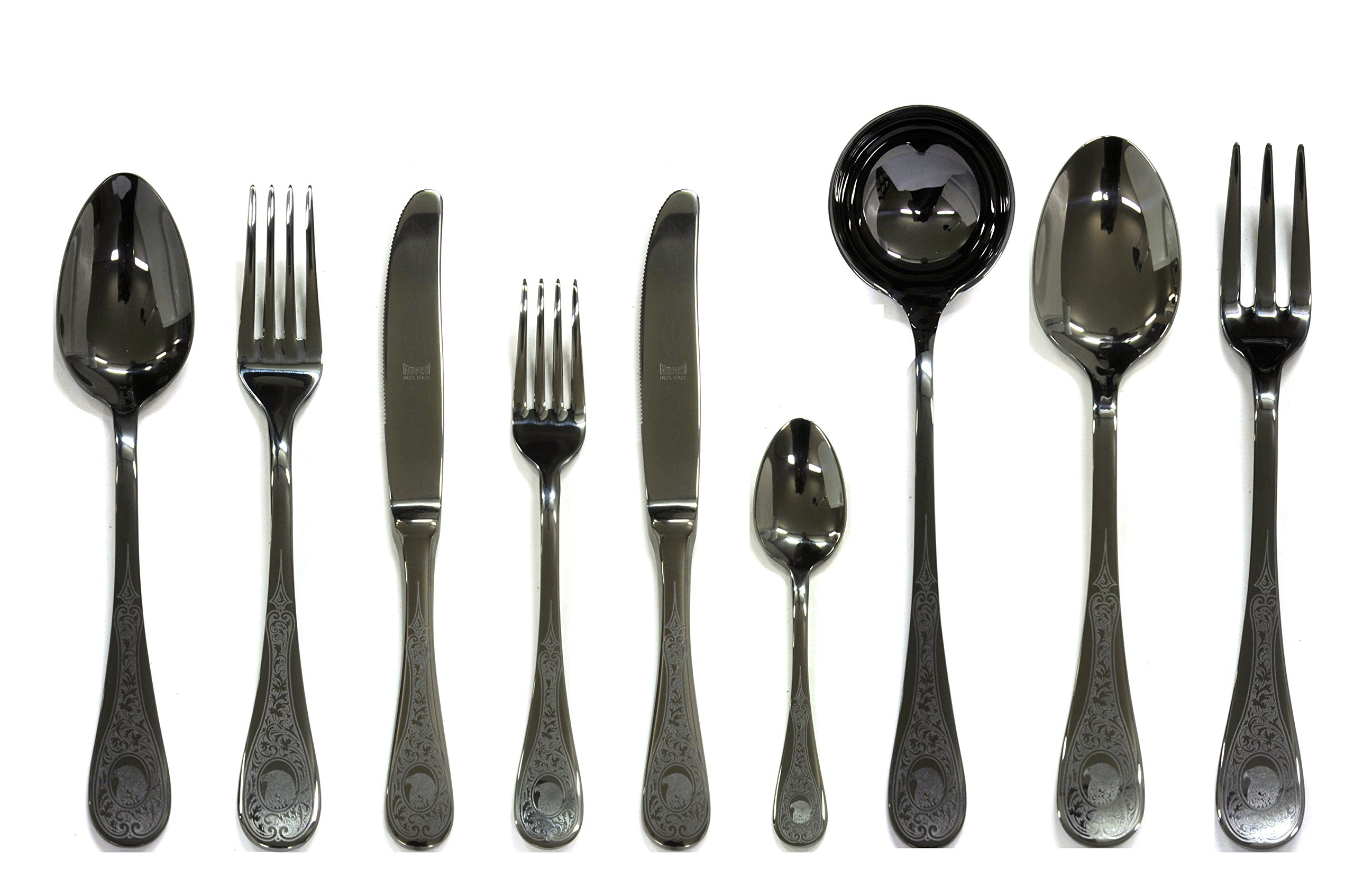 MEPRA Diana Oro Nero Set Servizio, Acciaio Inossidabile 18/10 Cesellato, Canna di Fucile, 75 Pezzi