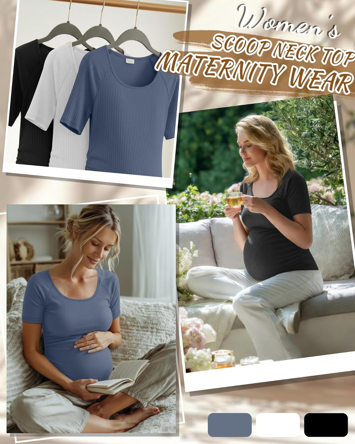 3 Pack Women's Cotton Maternity Shirts Ribbed Short Sleeve Side Ruched Pregnancy Tops Scoop Neck Mama Clothes