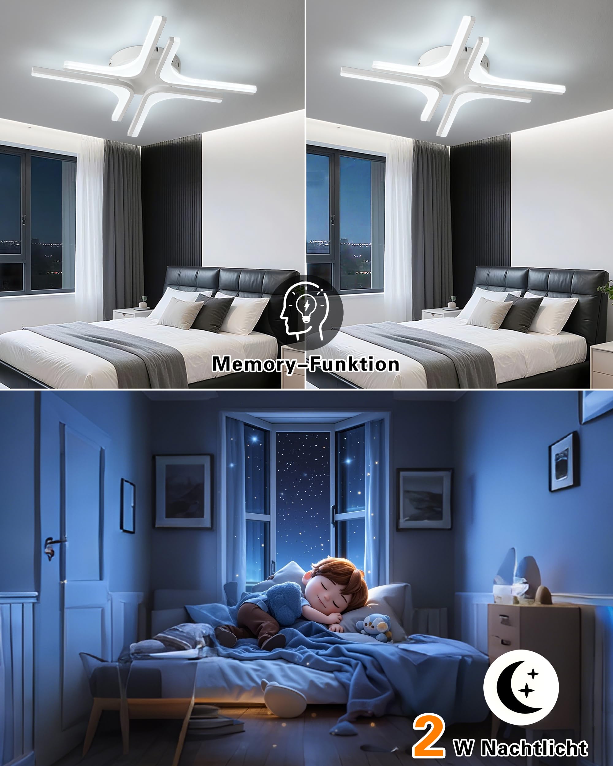 LED Deckenleuchte Dimmbar weiß Stern, 56cm 26W Farbtemperatur 3000-6000K, Helligkeit 10-100%, Mit Fernbedienung/Mobile APP, Für Schlafzimmer, Küche, Balkon, Flur, Mit Memory-Funktion, 2W Nachtlicht