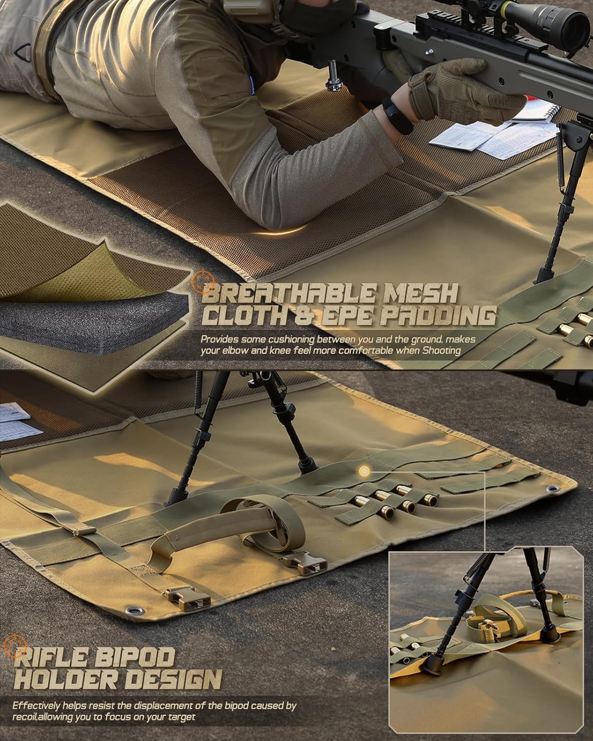 LIVANS Shooting Mat Prone Padded 89" Extra Long, Tactical Range Mat Shooter Ground Mat, Hunting Pad Blanket with Bipod Holder for Outdoor Training Military Application Field Use,Foldable Compact Carry