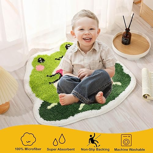 Miniatura 3 de Tapete de baño de rana, tapete de baño antideslizante para ducha, suave y absorbente, tapete de microfibra con hoja de loto, bonito tapete lavable