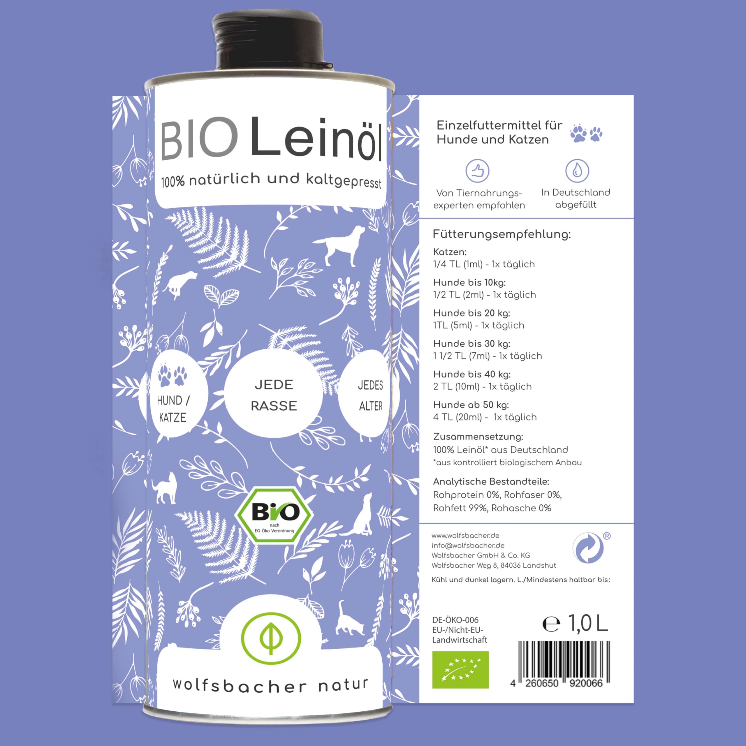Futteröl Set für Hunde und Katzen | 4 x 1 Liter | Lachsöl, Bio Leinöl, Bio Hanfsamenöl, Bio Bierhefe