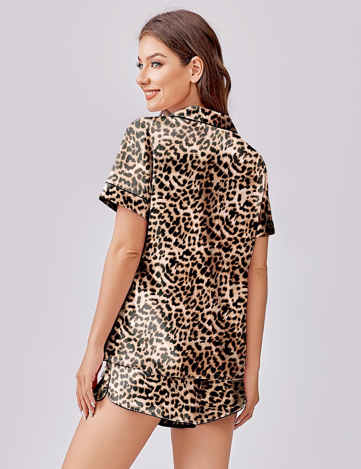 Ekouaer Womens Silk Satin Pajama Set Print Short Sleeve Sleepwear Button Down Pjs Shorts Set Loungewear - Image 3