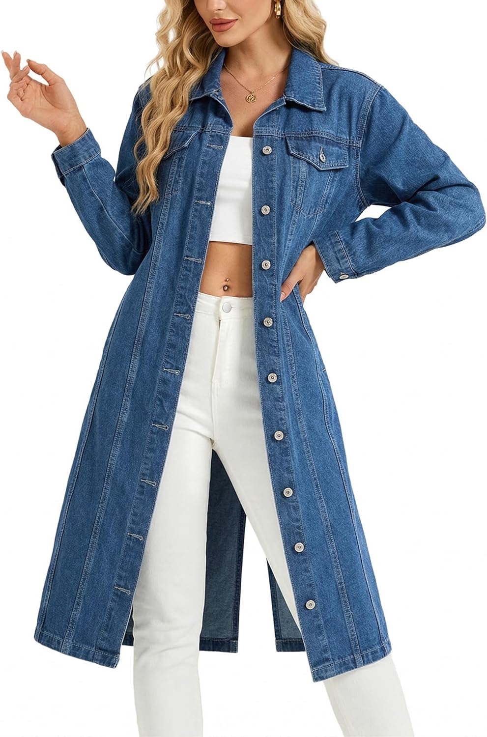 LifeShe Women Denim Jacket Button Down Maxi Long Jean Trench Coat With Pocket