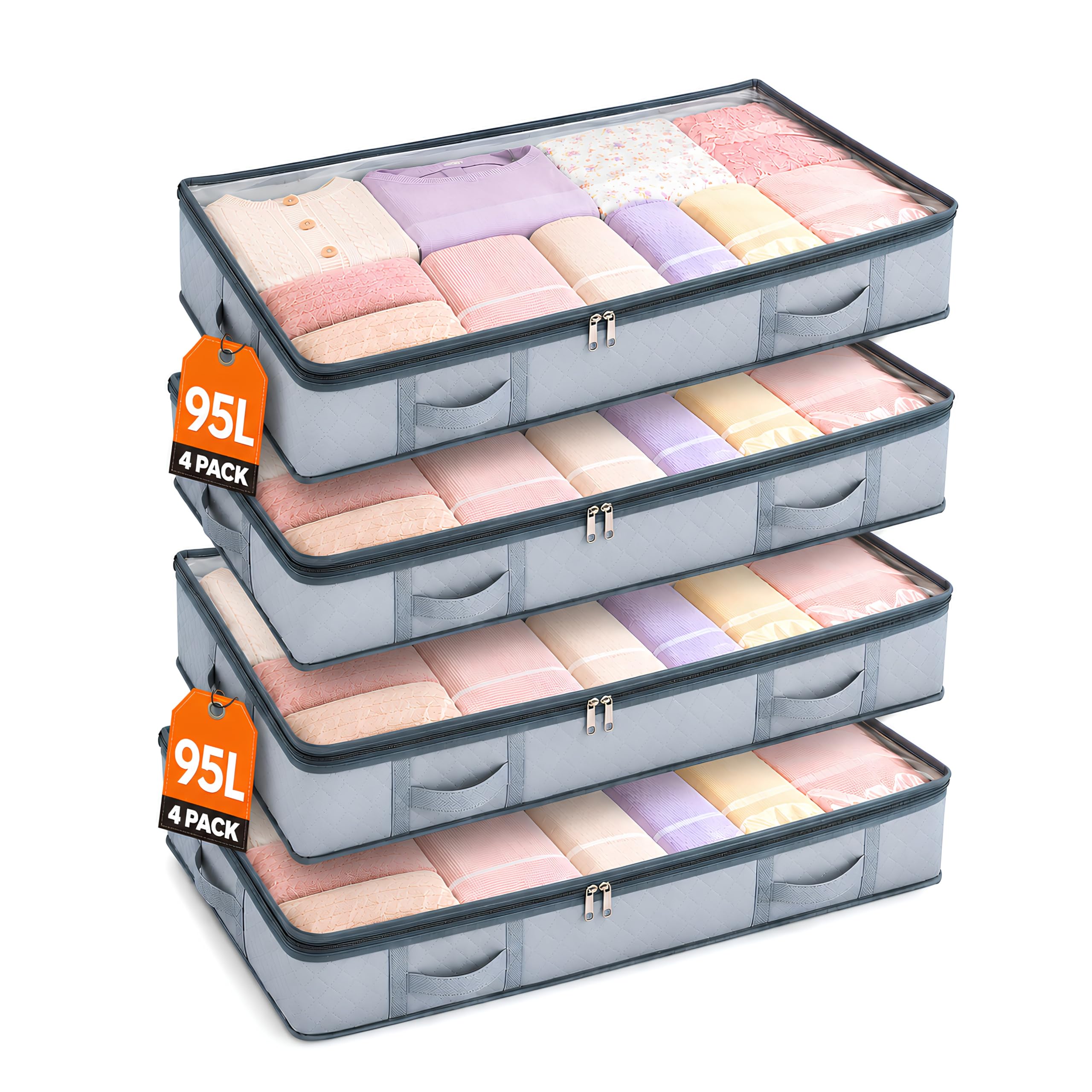 Diverse Terrace 95L Under Bed Storage Box with Lid - Stackable Storage Boxes with Zip Closure & Handles for Clothes - Bedding & Blankets - Pack of 4