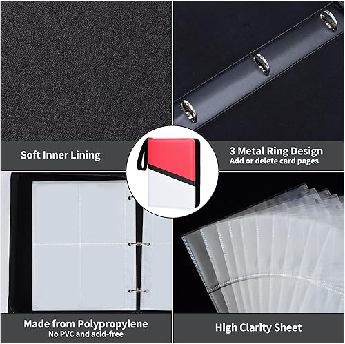 Miniatura 4 de Carpeta para tarjetas coleccionables de 4 bolsillos con cremallera y correa de mano, capacidad para hasta 400 tarjetas, carpeta TCG de piel