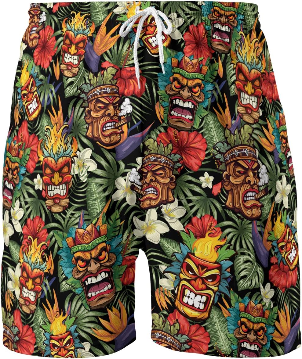 Tropical Summer Men's Quick Dry - Tiki Mask Hawaiian Shorts for Men - Beach Tiki Shorts Swim Trunks Set 7 (TND-LN-7)
