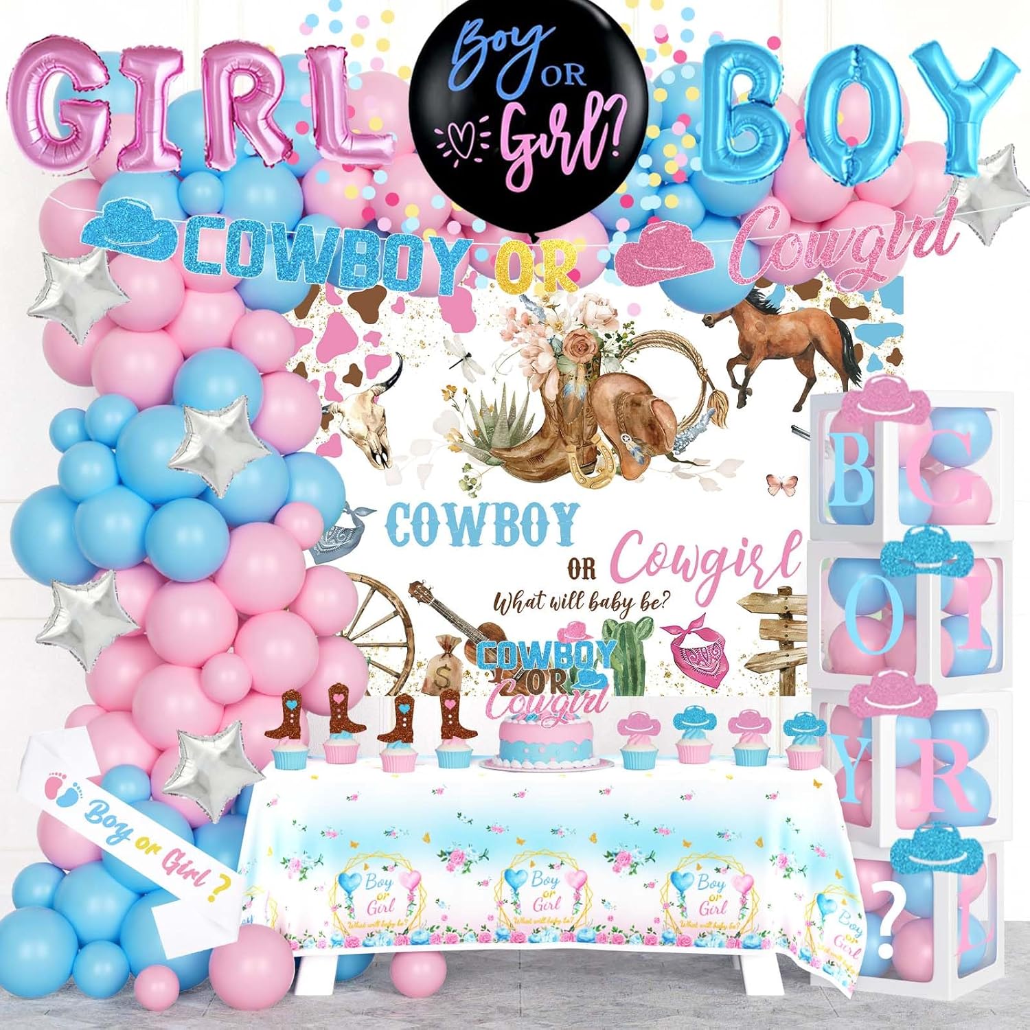 Cowboy or Cowgirl Gender Reveal Decorations, Baby Boy or Girl Gender Reveal Party Decor, Cow Print Backdrop Balloon Banner Tablecloth Box Sash for Western Rodeo Baby Shower Supplies