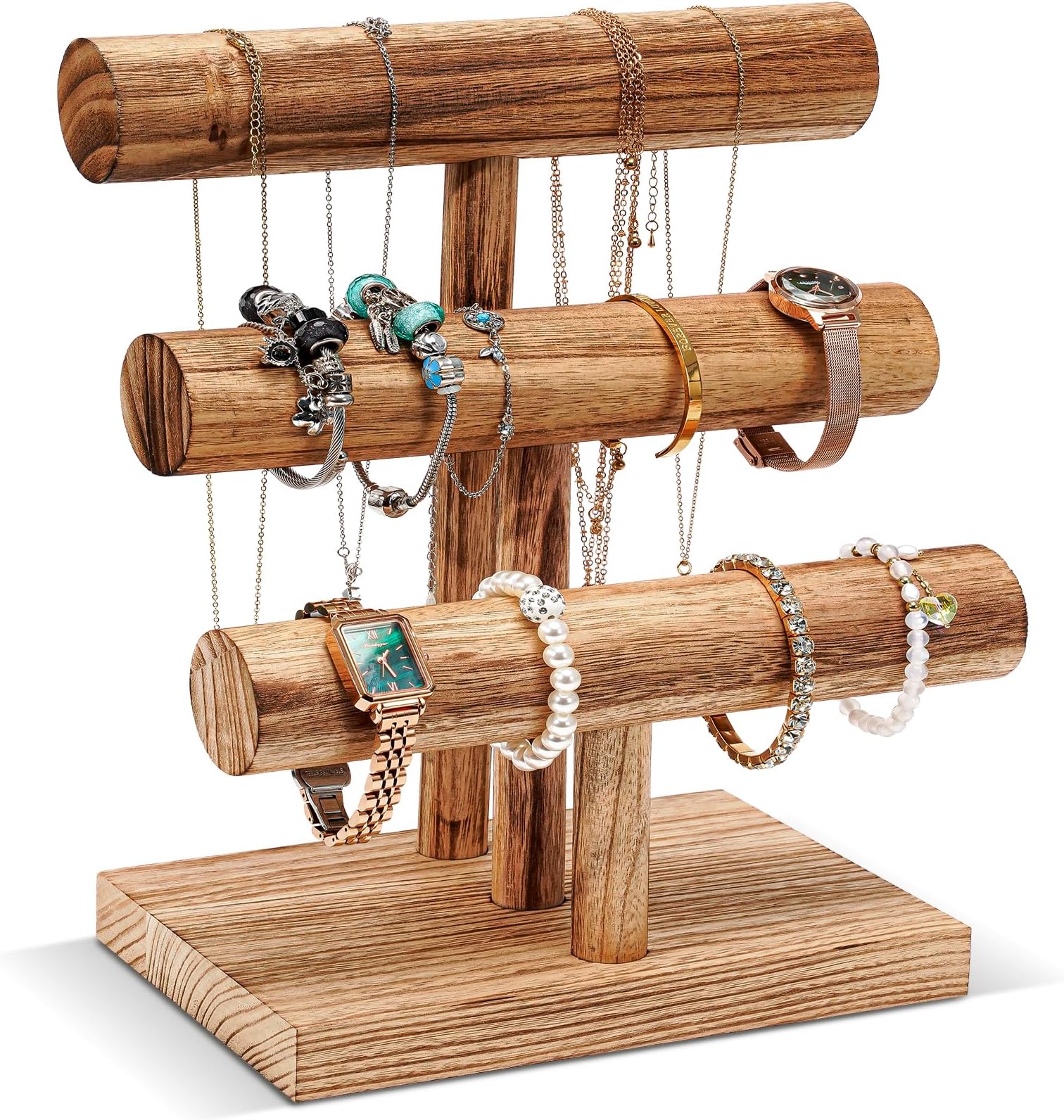 ProCase 3 Tiers Wooden Bracelet Display Organizer Tower, Natural Wood Vintage Bracelet Bangle Wrist Watch Jewelry Accessory Holder Storage Rack for Selling -Nature
