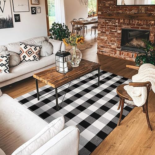 Miniatura 6 de Tapete de lana cuadriculada para interiores y exteriores, 3 x 5 pies, tejido de algodón en blanco y negro, alfombra de porche para interiores y