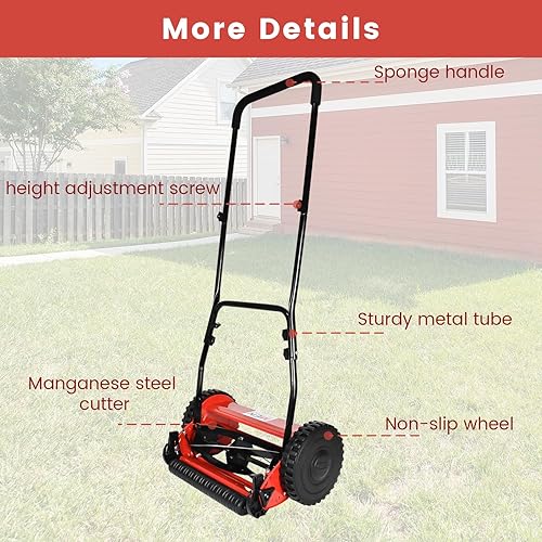 Miniatura 3 de Cortacésped de carrete de empuje de 5 cuchillas de 14 pulgadas, cortacésped manual de alta eficiencia, altura de mango ajustable, atrapador de