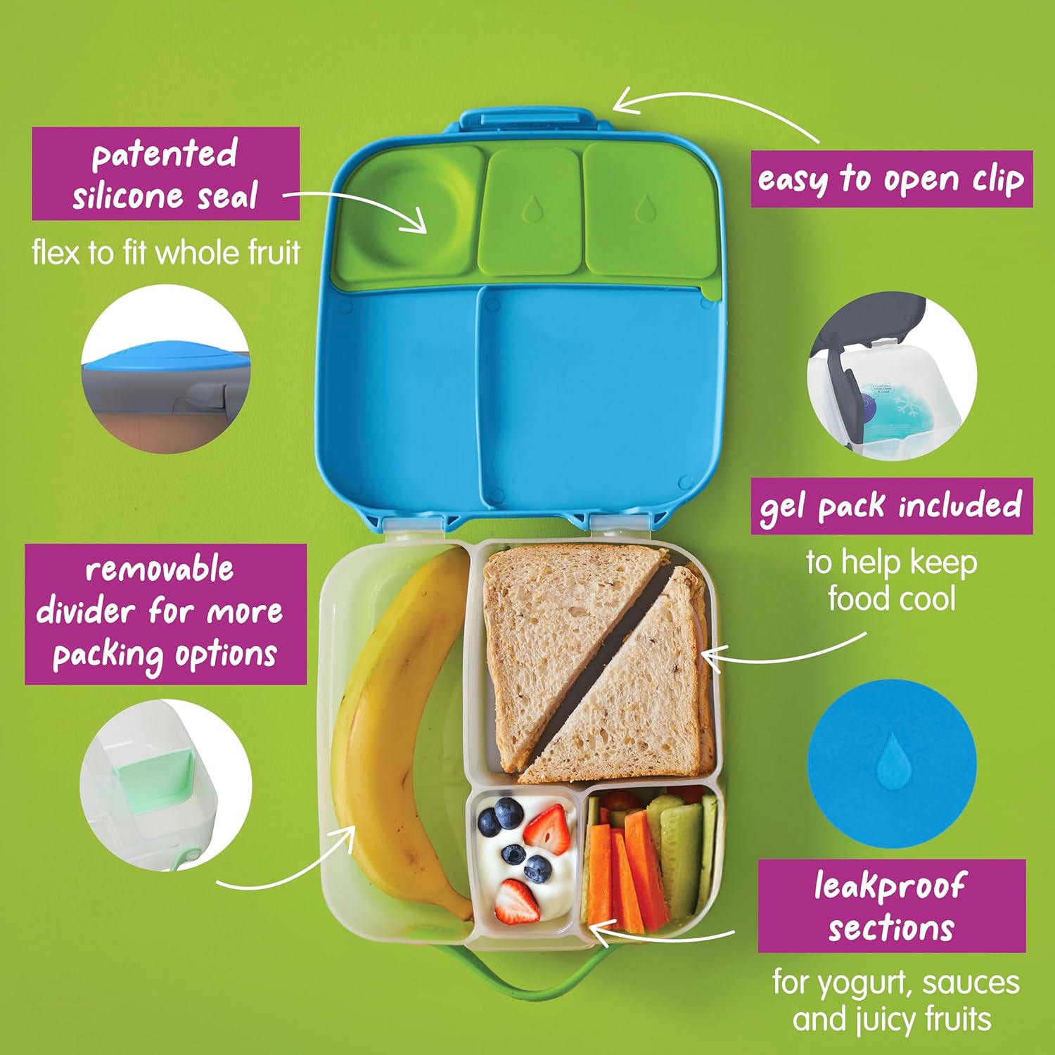 b.box Lunch Box for Kids: Bento Box w/ 4 Compartments (2 Leak Proof), Removable Divider & Gel Pack. Ideal for Big Eaters 3+. School Supplies, 8½ Cup Capacity - Image 3