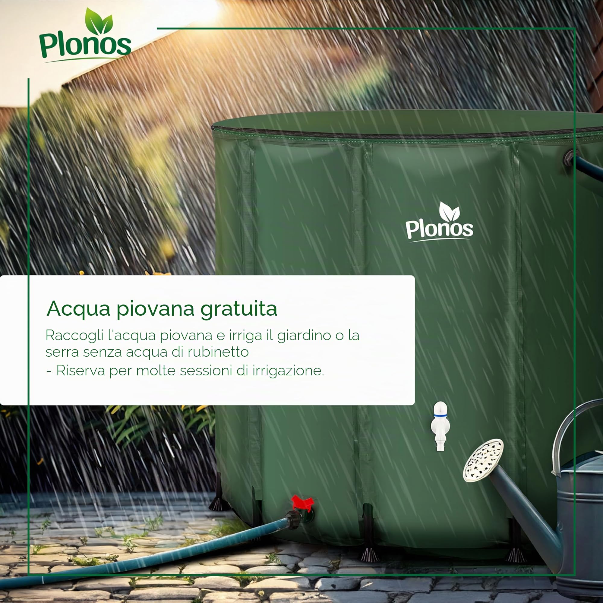 Serbatoio dell'acqua piovana 1000 l con valvola di scarico 96 x 120 cm, verde