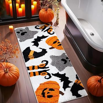 Witch’s Hats and Shoes Spooky Halloween Bathroom Runner Rug Non Slip Washable, 18 x 45 Cute Orange Fall Halloween Extra Long Bath Mat Soft, Gothic Creepy Halloween Runner Rugs for Kitchen Entryway