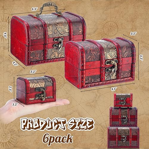 Miniatura 2 de 6 piezas de caja de madera del tesoro del tesoro, caja del cofre del tesoro pirata con mini cerradura de metal decorativa para joyas recuerdos