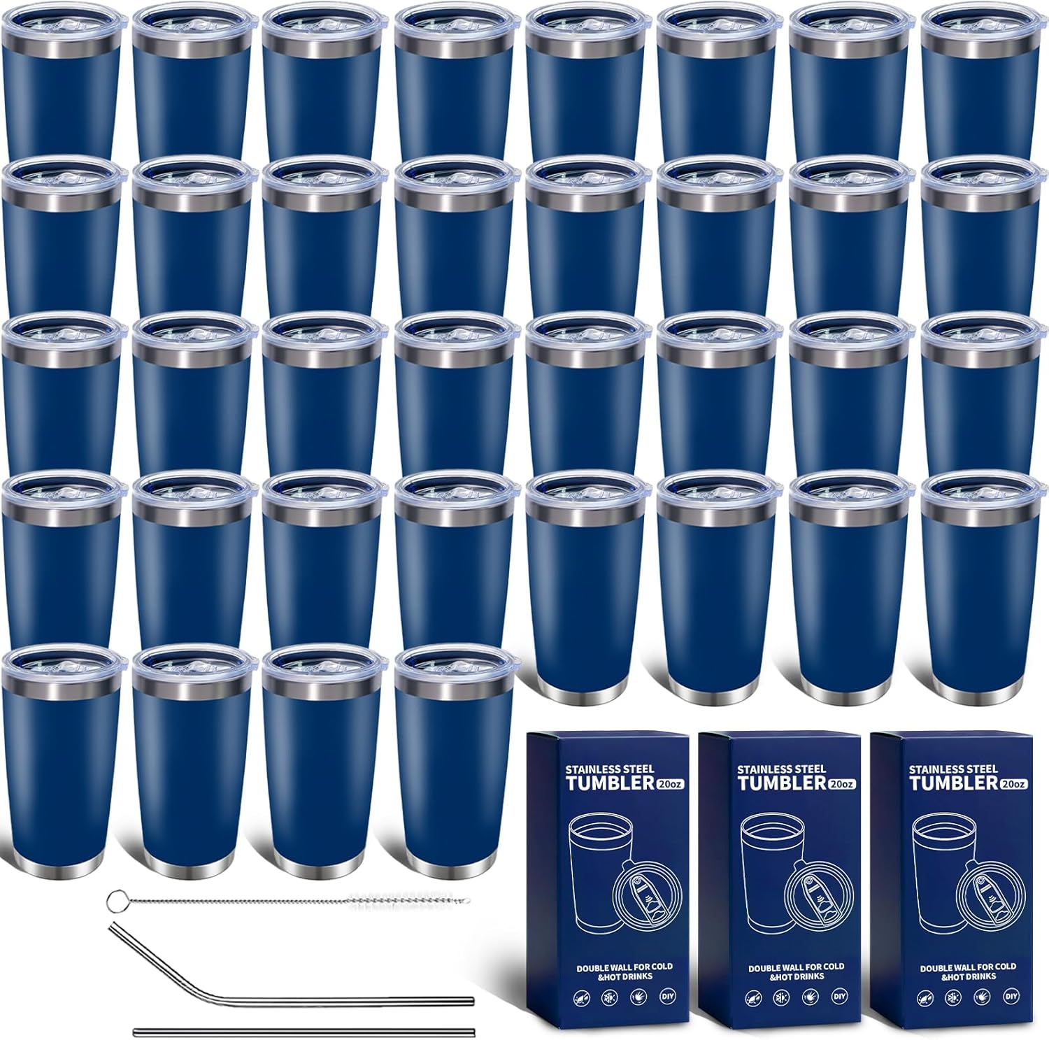36 Pack, 20oz Stainless Steel Bulk Tumblers with Lids and Straws, Leakproof Double ...