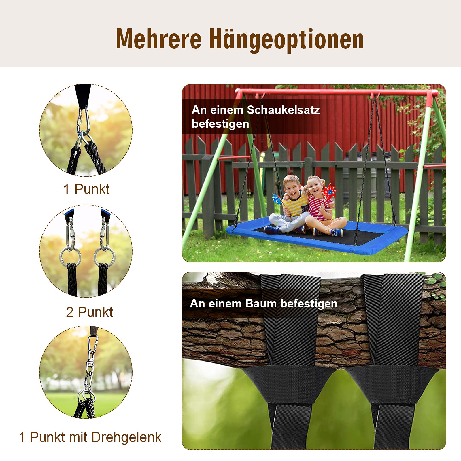 COSTWAY Nestschaukel eckig bis 150kg belastbar, 150 x 80 cm, Baumschaukel mit 100-180cm verstellbaren Seil, Mehrkindschaukel Kinderschaukel, Outdoor Gartenschaukel für Kinder & Erwachsene (Blau)