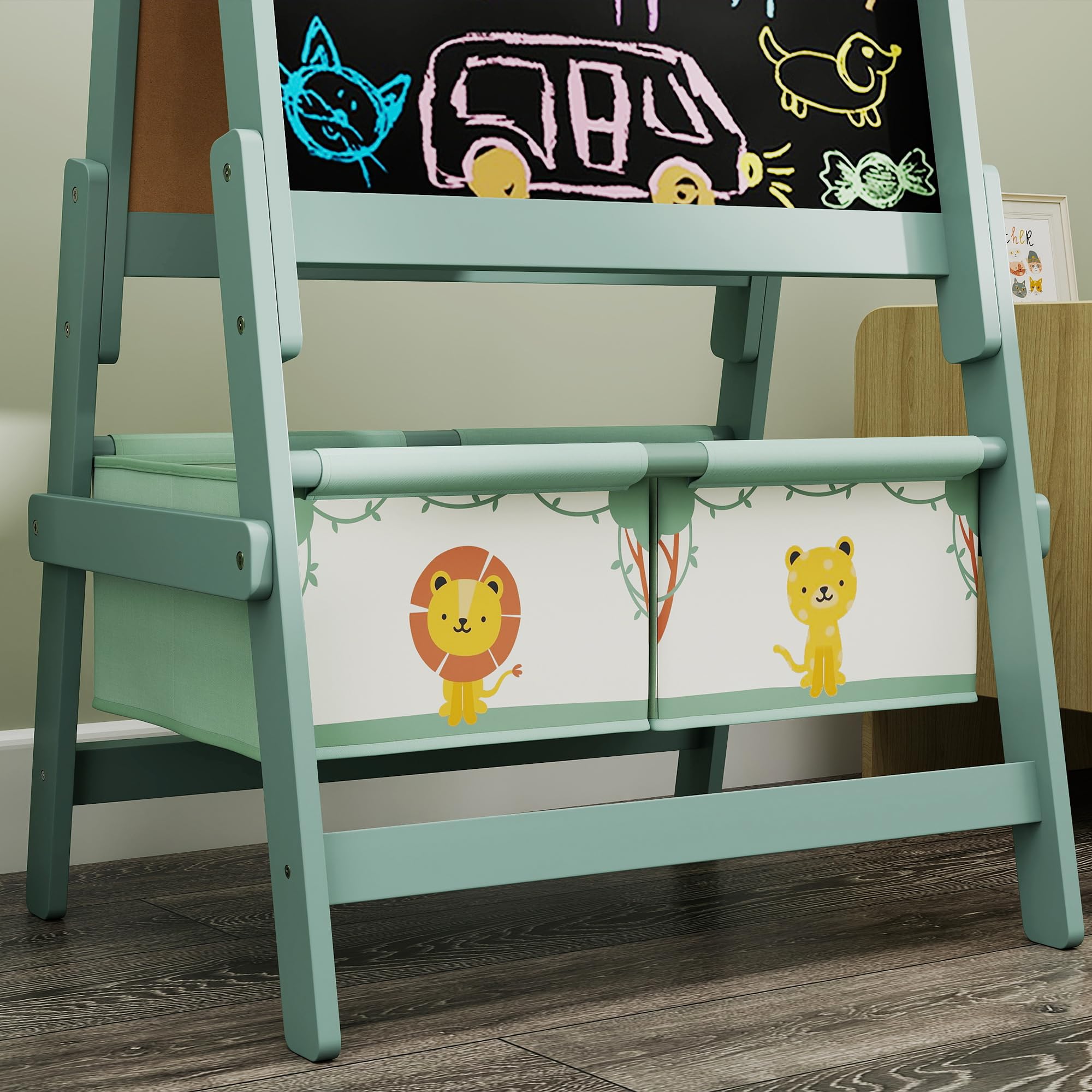 AIYAPLAY Lavagna per Bambini 3 in 1 con Rotolo di Carta e 2 Cestelli Portaoggetti, Lavagna con Cavalletto in Legno di Pino e MDF, 54x46x94 cm, Verde