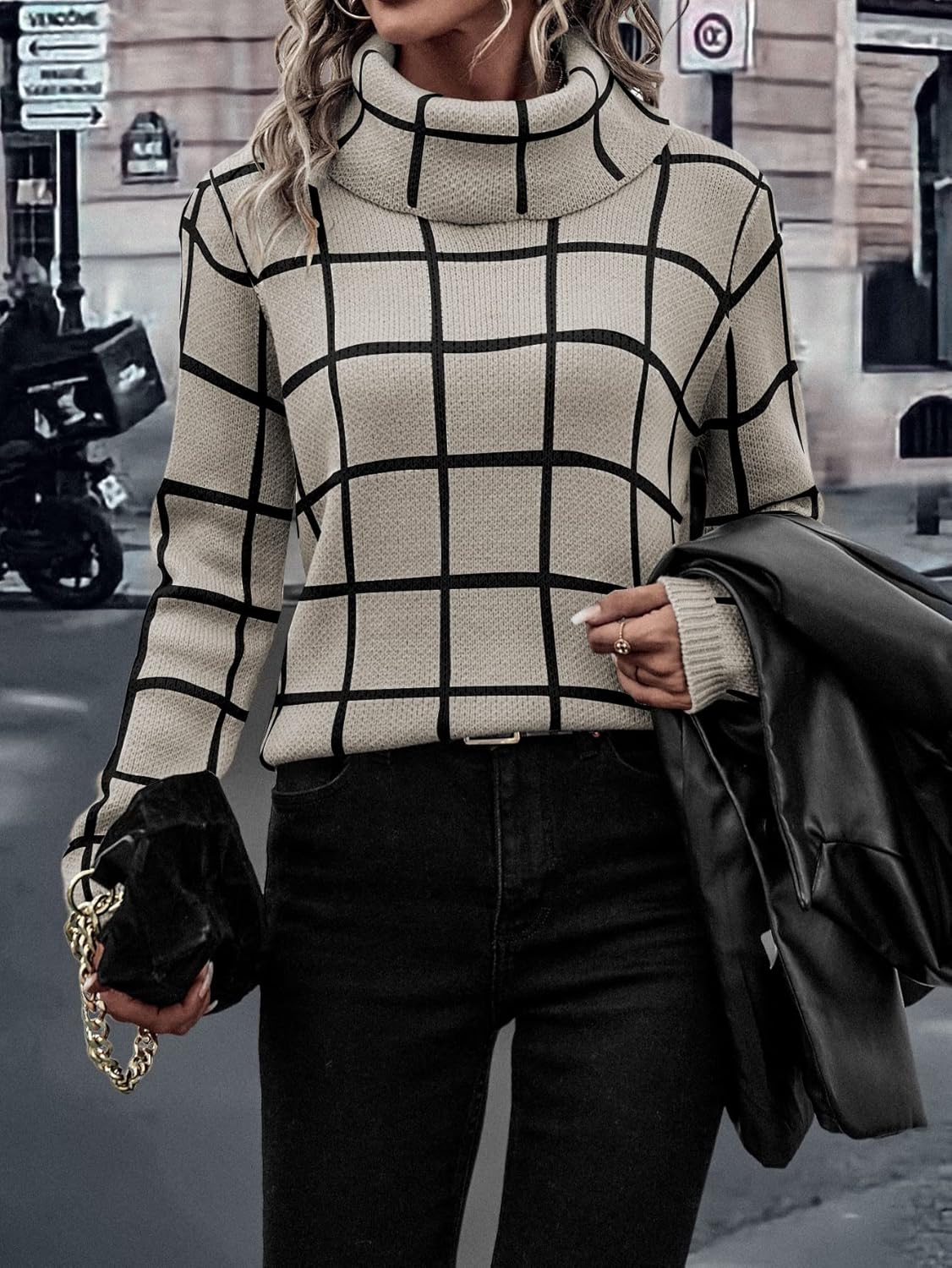 ESENTL Women's Sweater Plaid Pattern High Neck Sweater Sweater for Women (Color : Apricot, Size : Large)