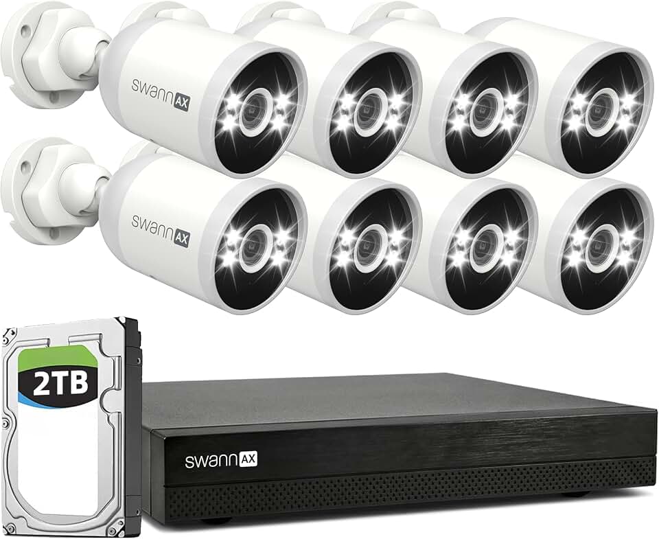 Swann AdvancedX Wired NVR 4K Security Camera System 16 CH, 8 PoE Outdoor Cameras, 2TB, Color Night Vision, Motion Detect