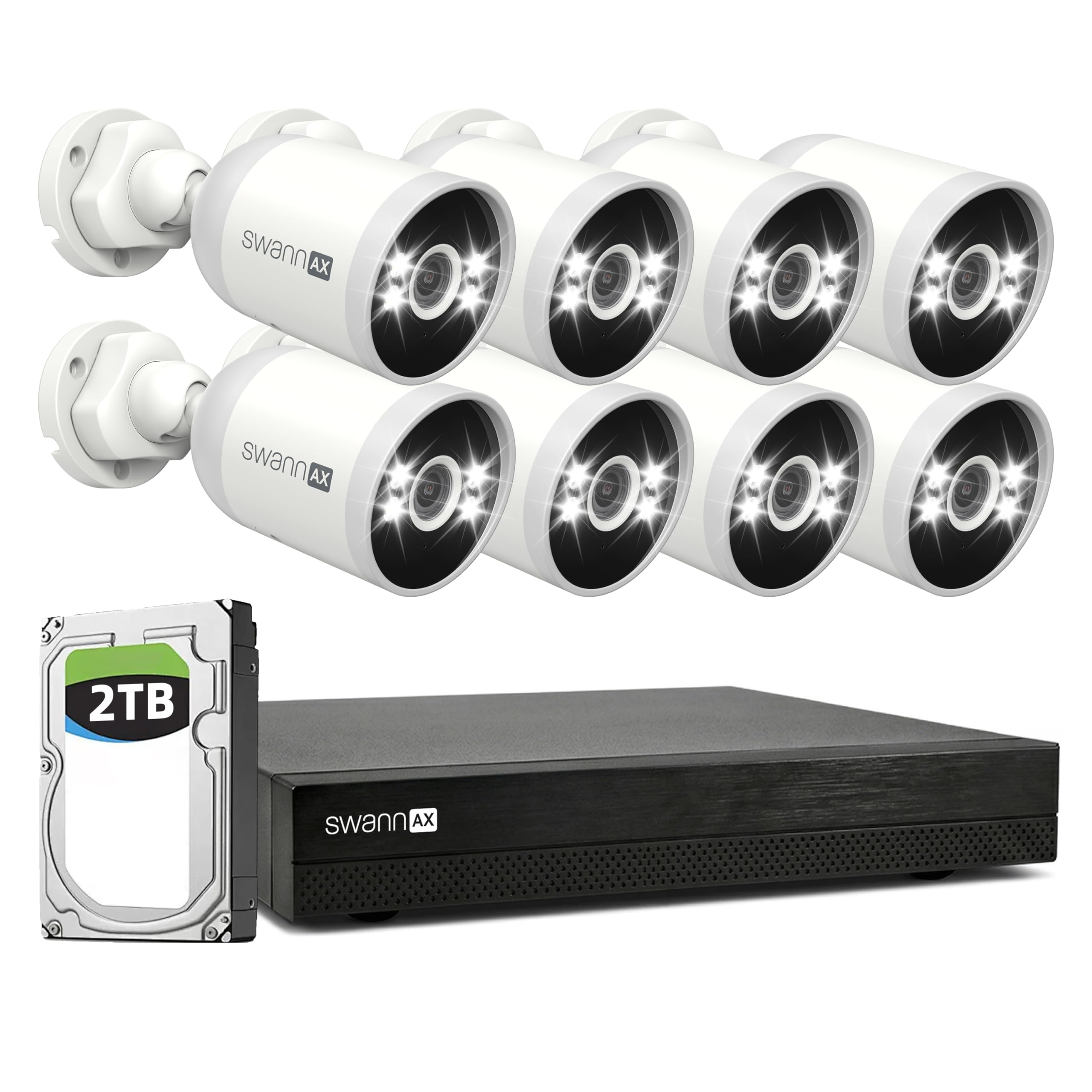 Swann AdvancedX Wired NVR 4K Security Camera System 16 CH, 8 PoE Outdoor Cameras, 2TB, Color Night Vision, Motion Detect