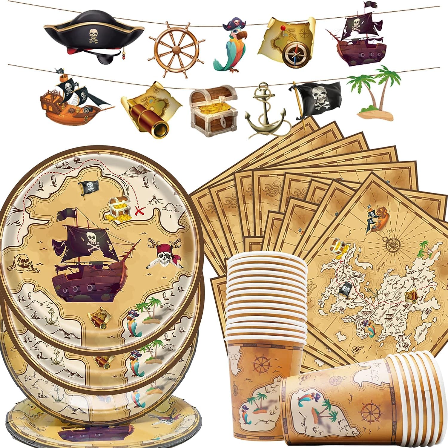 100Pcs Vaisselle Thème Pirate - Kit Décoration Anniversaire Avec