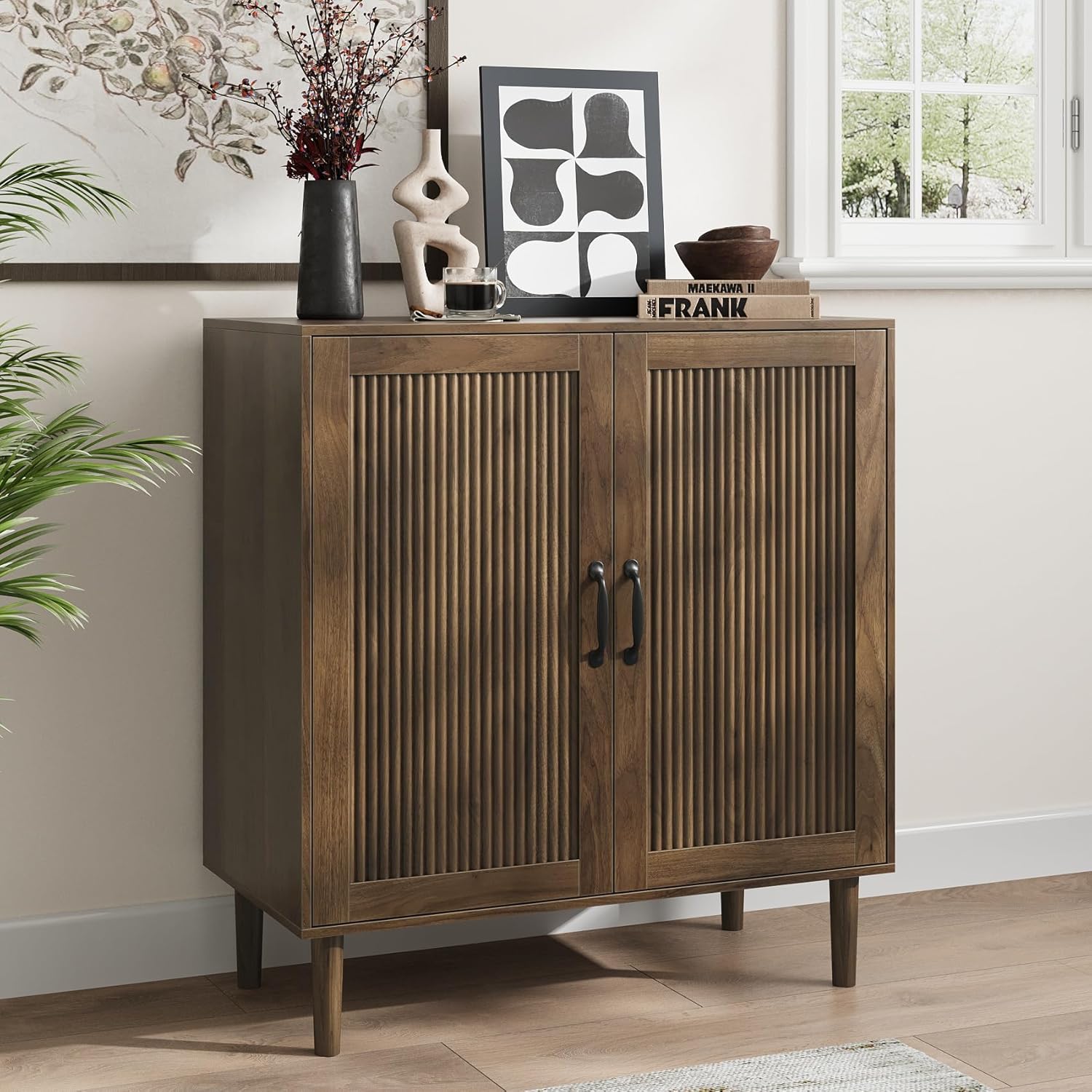 Buffet Cabinet with Wavy Slat Door, Sideboard Storage Cabinet Adjustable with Shelf, Modern Wooden Accent Cabinet for Dining Room & Living Space
