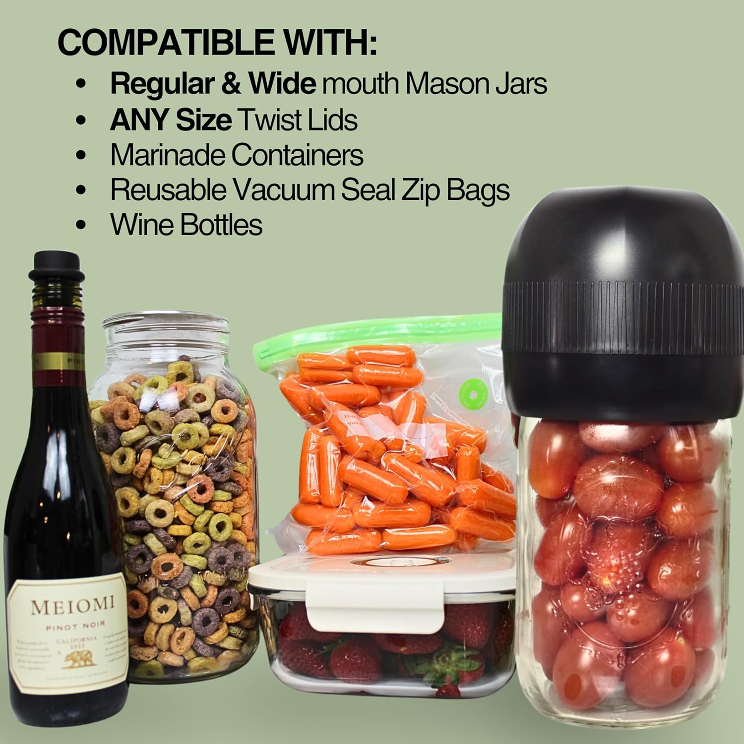 Multifunctional Electric Mason Jar Vacuum Sealer– Compact, Rechargeable Sealer for Mason Jars, Twist Lids, Wine Bottles, Marinade Containers & Vacuum Seal Bags