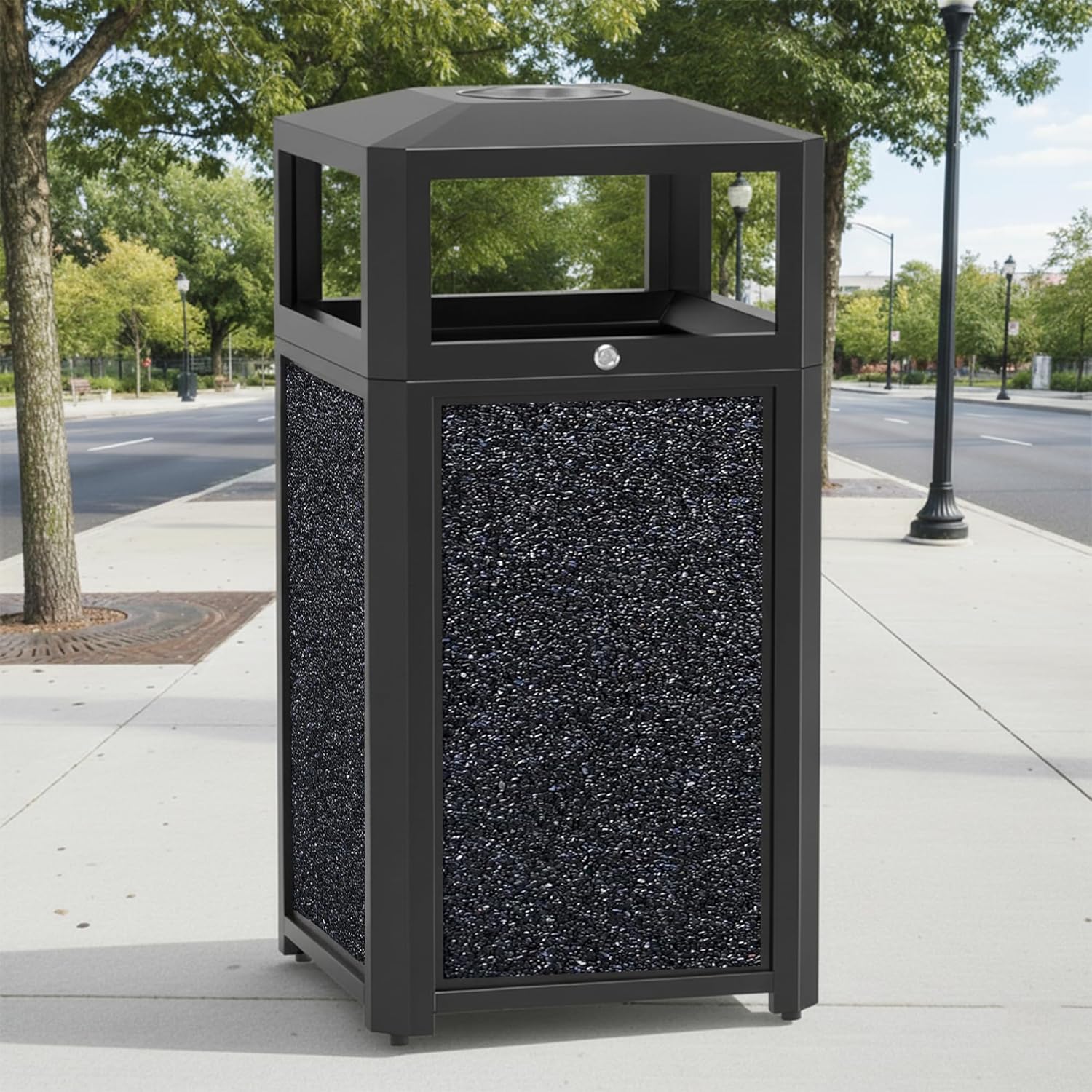 40 Gallon Commercial Outdoor Trash Can with Lid & Top Tray, Heavy-Duty Powder-Coated Steel Garbage Receptacle with Galvanized Metal Liner, Stone Panel Design for Park, Mall & Public Spaces