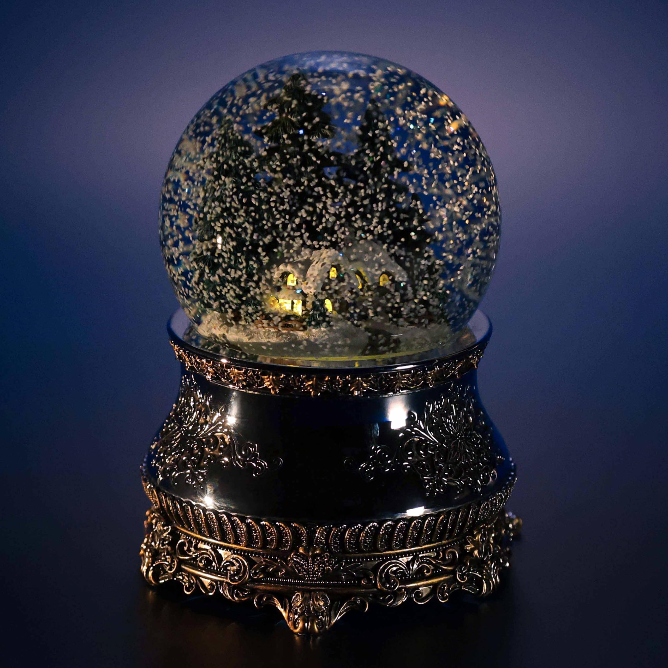 Boule à neige musicale de Noël « Pavillon de chasse », en verre, avec illuminations et tempête de neige automatique, idée cadeau