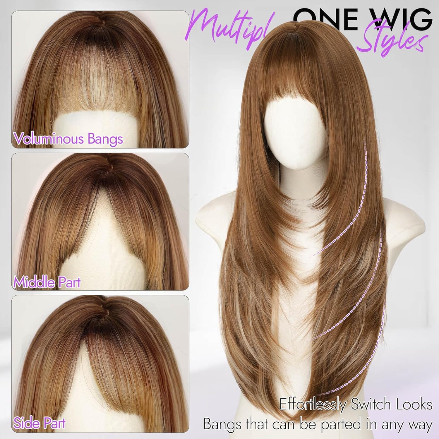 Long Copper Brown with Blonde Highlights Wig with Bangs for Women,4x4 Realistic Scalp,Free Parting,Layered Hairstyle Synthetic Heat Resistant for Daily Party Use 26 inch