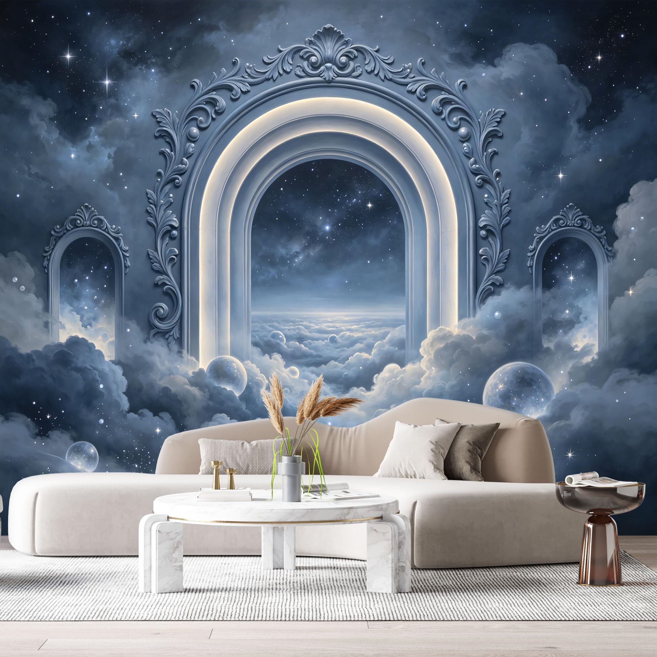 Custom Size Wall Murals Night Sky Starry Clouds Archway 3D Trompe L'Oeil SelfAdhesiveWall Fabric Removable Wallpaper Wall Decor for Living Room Bedroom Bathroom