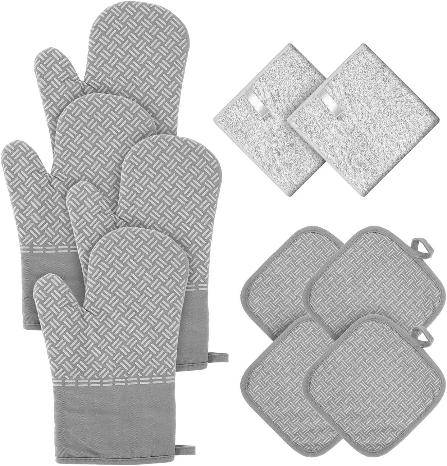 Oven Mitts and Pot Holders Set with Towel Heat Resistant Oven Glove Pot Holders Nonslip Hot Pot Holder Set Comfortable Cooking Gloves Set for BBQ Baking Cooking (Gray Set of 2)