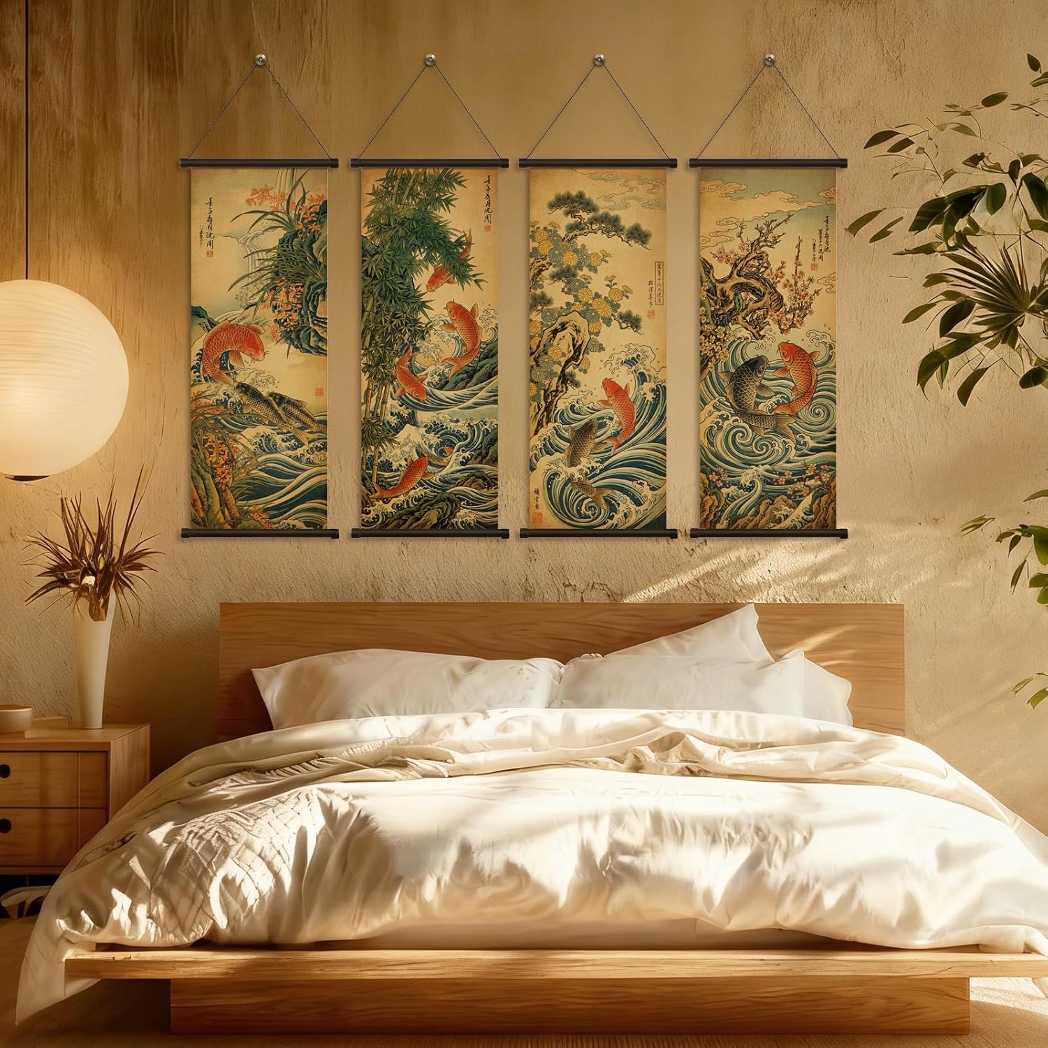 Geosar 4 Pcs Sets Japanese Wall Art Wall Scroll Hanging Painting Decor Japanese Koi Fish Flower Fengshui, Ancient Paintings Replica Asia Traditional Art, Attract Wealth Four Seasons
