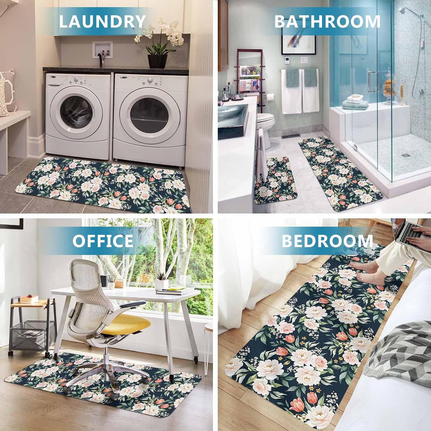 Pastoral Peony Kitchen Mat Set 2 Pieces Country Watercolor Pink Cream Yellow Flowers Green Leaf Non Slip Kitchen Rugs Washable Runner Rug Mats for Floor Sink Laundry Office 19.7" x 31.5"+19.7" x 63"