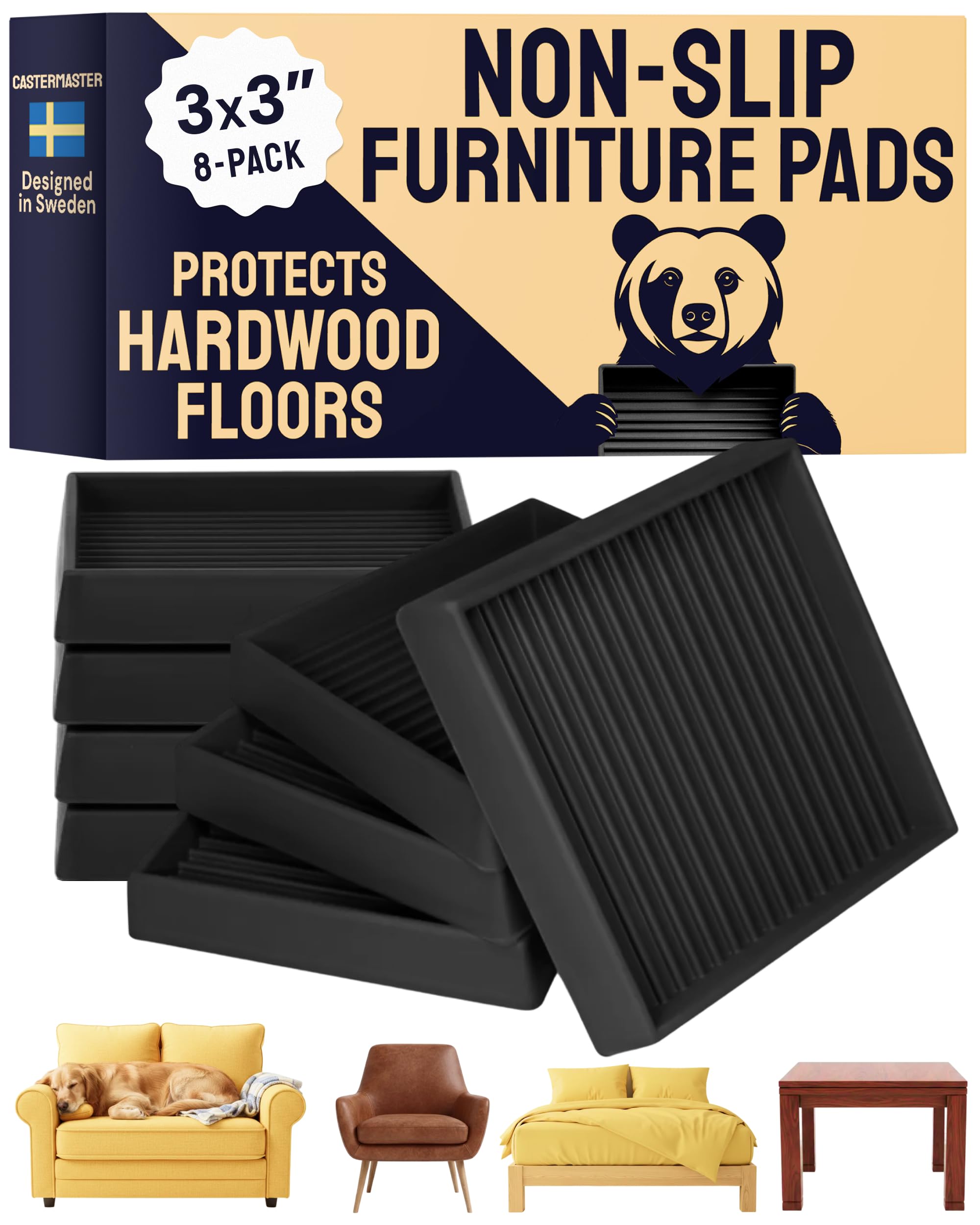 CasterMaster Square Non-Slip Furniture Pads - 3 in x 3 in, Pack of 8, Black - Stoppers to Prevent Sliding - Floor Protectors for Furniture - Noise Reduction & Caster Cups for Vinyl Floors