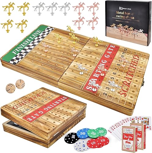 MerryPony Juego de carreras de caballos grande de 21 pulgadas con 11 caballos de metal, juego de mesa plegable de madera maciza con 100 fichas de